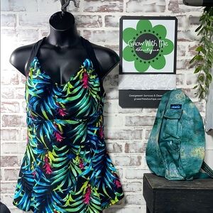 Black and Blue One Piece Swimsuit with Tropical Print